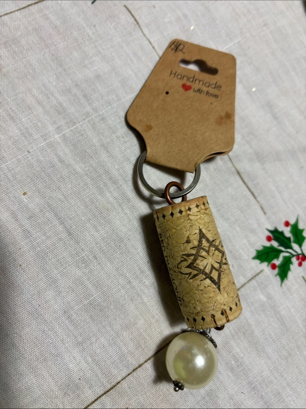 NWT Handmade Beige Cork Keychain with Pearl Charm